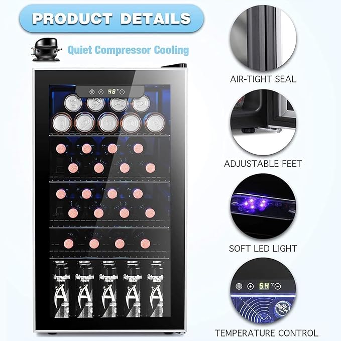 Antarctic Star 26 Bottle 130 Can Wine Cooler/Cabinet Refrigerator Mini Wine Cellar Beer Soda Clear Glass Door Bar Fridge Quiet Compressor Adjust Temp Freestanding Indoor Use 3.1cu.ft Black | 26 Bottle 130 Can Capacity, Clear Glass Door, for Red wine Be... - Image 4