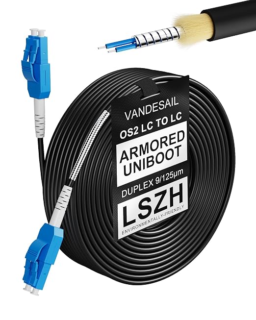 60M Uniboot LC to LC Single Mode Fiber Patch Cable，OS2 Outdoor Armored Fiber by VANDESAIL