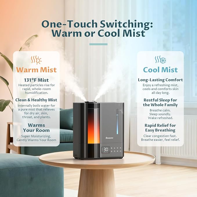 BREEZOME 8L Humidifiers for Bedroom, Warm & Cool Mist for Large Room Home, Top Fill Ultrasonic Humidifier, Humidity Sensor, Essential Oil, 60H Runtime, Quiet for Baby, Plants, Fast Relief - Image 2