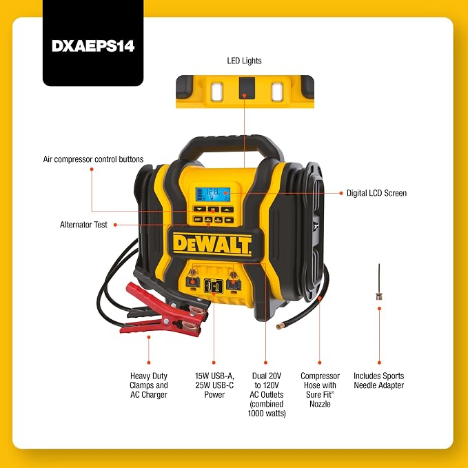 DEWALT DXAEPS14 2000 Peak Battery Amp 12V Automotive Battery Booster Jump Starter/Power Station with 120 PSI Compressor, 500W AC Power Inverter, and 15W USBa & 25W USB Ports - Image 2