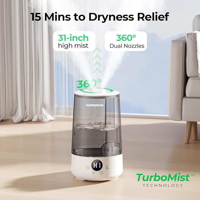 Homvana Humidifiers for Bedroom Home, 3.6 L Cool Mist Top-Fill 34H Super Long Time, Quiet 23dB, Baby Humidifier, Oil Diffuser for Large Room, House, Plant, Nursery, Office, BPA FREE, Ultrasonic (Grey) - Image 2
