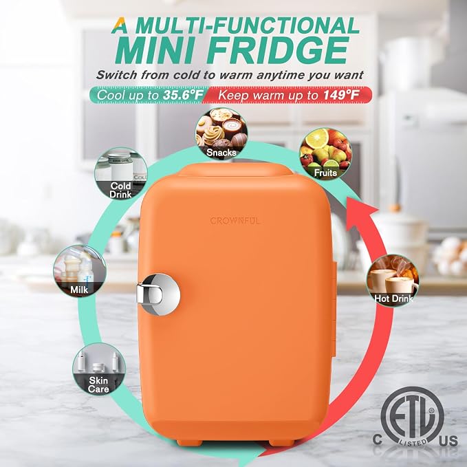 CROWNFUL Mini Fridge, 4 Liter/6 Can Portable Cooler and Warmer Personal Refrigerator for Skin Care, Cosmetics, Beverage, Food,Great for Bedroom, Office, Car, Dorm(Orange) - Image 4