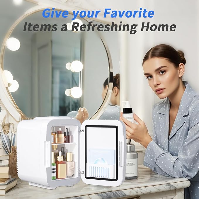 OSTBA Skincare Fridge Mini Fridge for Bedroom with Dimmable LED Mirror, 4Liter/6 Cans Cooler and Warmer for Makeup, Cosmetic, Beauty, Portable Refrigerator for Bedroom, Vanity, Office and Car - Image 8