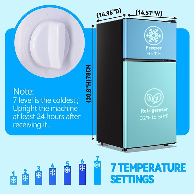Mini Fridge with Freezer 2.4 Cu.ft Mini Refrigerator Double Doors Dorm Fridge Compact 7 Modes Temp Suit for Apartment Bedroom Office Silver - Image 3
