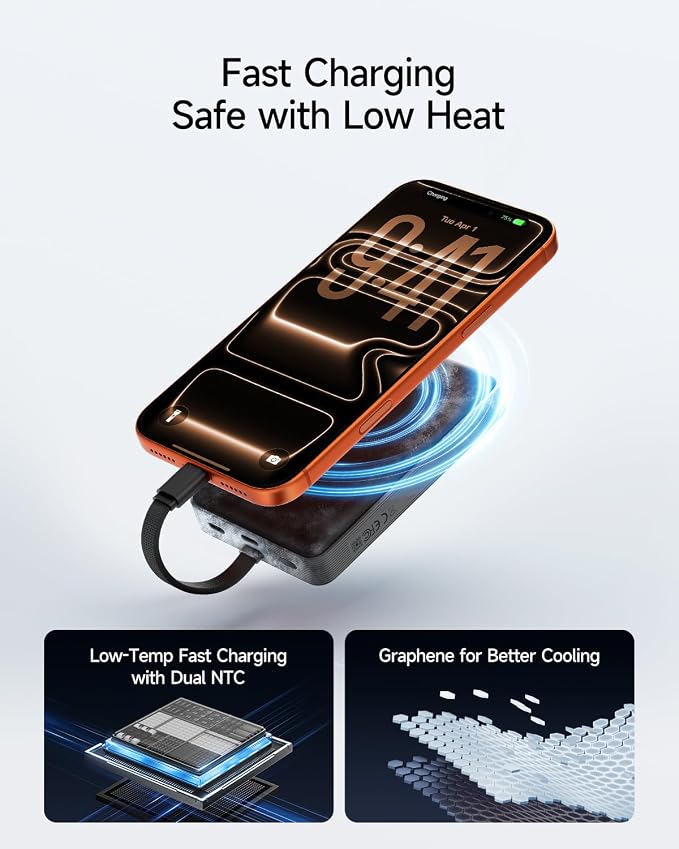 CUKTECH Magnetic Power Bank, 10000mAh Portable Charger, 20W Fast Charging & 7.5W Wireless, Built-in USB-C Cable, Battery Pack for iPhone 15/16/17 Series, Samsung, for Travel, Work & Daily Use - Image 5