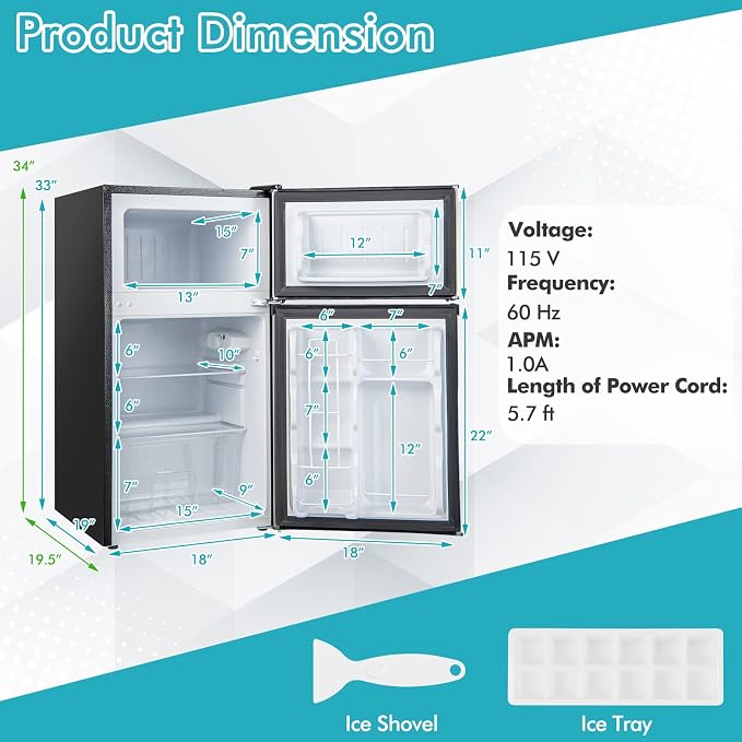 COSTWAY 3.2 Cu.Ft. Mini Fridge with Freezer, 2 Door for Office Bedroom Dorm | Compact Small Refrigerator with Reversible 2 Door, Adjustable Thermostat, Removable Glass Shelves for Food & Drink, Silver - Image 7