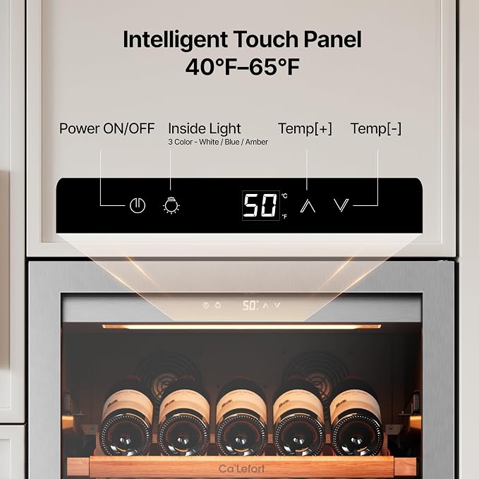 Ca'Lefort 24 Inch Wine Fridge, 166 Bottle Built-In Wine Cooler | 69-Inch Tall Wine Cellar, Quiet Inverter Compressor, 40-65°F Temperature Control, Display Shelf, Glide-Out Shelves & Drawer - Image 4