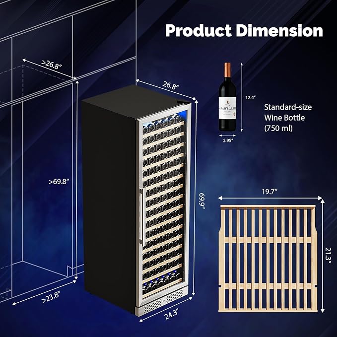 ROVSUN 24'' Wine Cooler Refrigerator, 171 Bottles Wine Fridge with Professional Temperature Control System, Large Capacity Built-in Wine Cellar with Touch Panel Control for Wine Enthusiast, Restaurant - Image 6