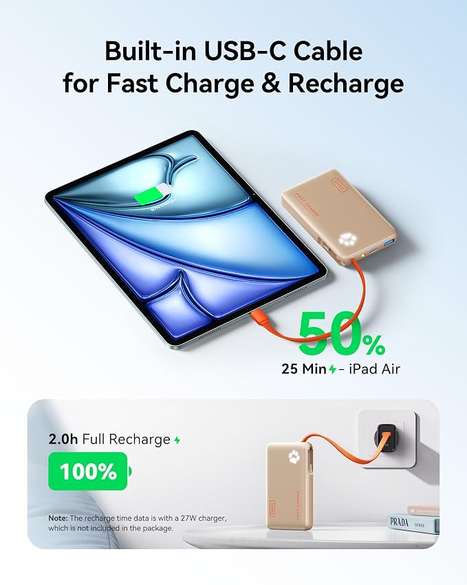 INIU 45W Power Bank, Fast Charging Portable Charger with Built-in USB C Cable, 10000mAh Small Type C Powerbank, Battery Pack for iPhone 17 16 15 14, iPad, Samsung S25 S24 etc Travel Camping, White - Image 4
