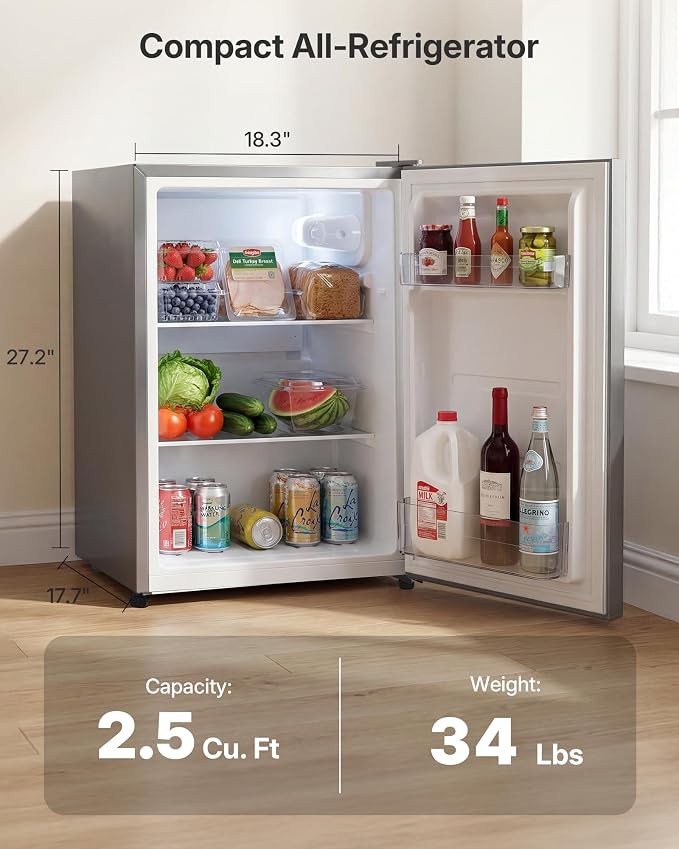 Upstreman 2.5 Cu.Ft All-Refrigerator Mini Fridge, Single Door Small Refrigerator, Dorm Fridge with 7 Adjustable Thermostat, Compact Refrigerator for Office, Bedroom or Dorm, Silver-CR26 - Image 2