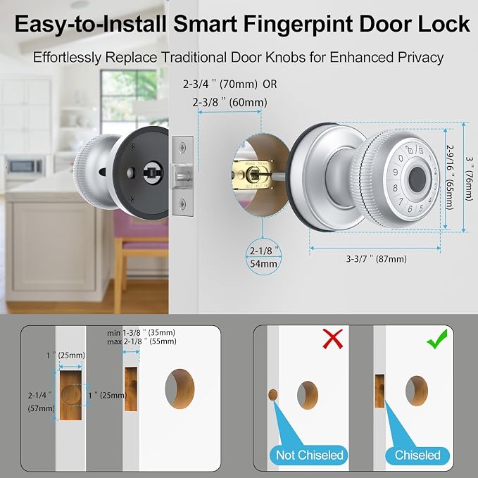 BIWIBON 4-in-1 Smart Door Knob, Fingerprint Door Knob - Image 6