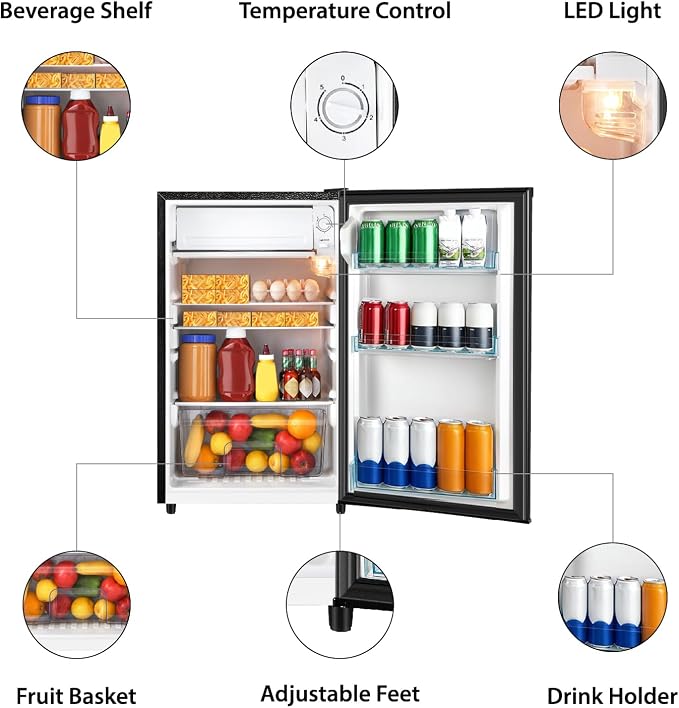 4.4 Cu.Ft Mini Fridge with Freezer, Single Door Mini Refrigerator, 5 Settings Temperature Adjustable, Compact Refrigerator for Apartment,Dorm, Office, Bedroom - Image 3