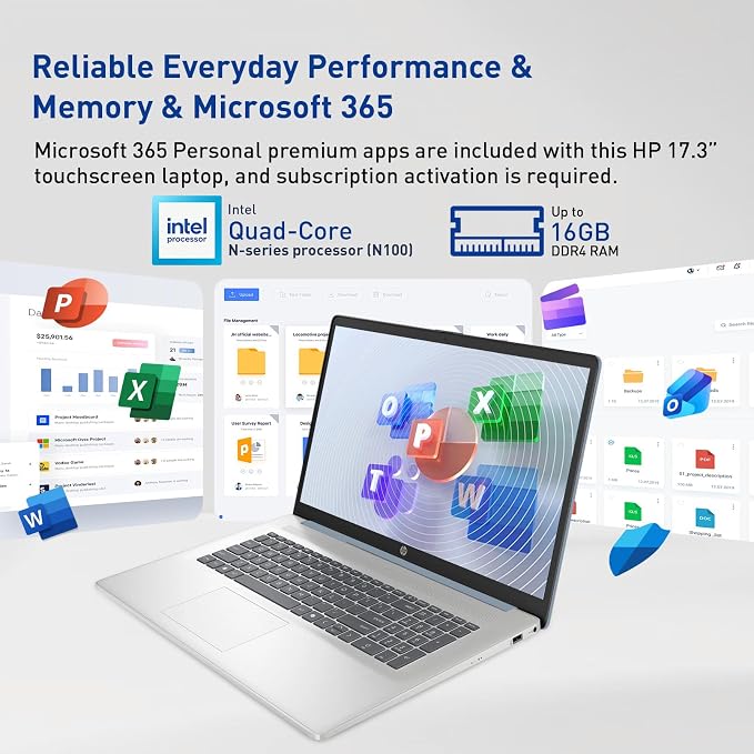 HP 17.3” Touchscreen Laptop w/Microsoft 365, 8GB RAM, 512GB SSD+128GB UFS | Webcam w/ shutter, Fingerprint Reader, Backlit Keyboard, Microsoft Copilot Key, Intel Quad-Core CPU, Win11, Blue - Image 7