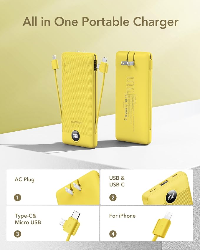 VEGER Portable Charger with Built-in AC Plug and Cables, All in One 10000mAh Ultra Slim Power Bank Travel Essentials, Fast Charging Battery Pack Compatible with iPhone, Samsung, Android (Yellow) - Image 2
