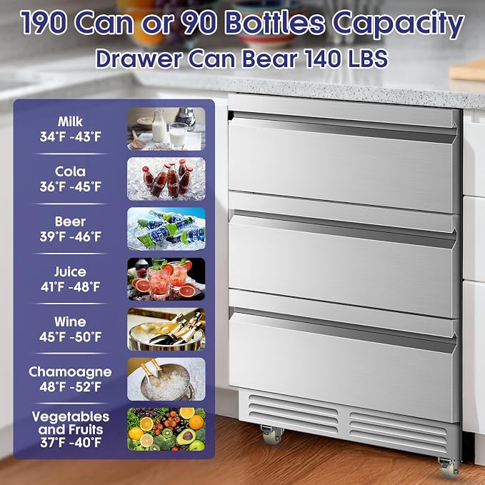 3 Drawers Beverage Refrigerator, 190 Cans 24'' Beverage Fridge with Wheels, Outdoor Waterproof, All Stainless Steel Body, Undercounter or Freestanding, Drink Fridge for Home, Patio & Commercial - Image 4