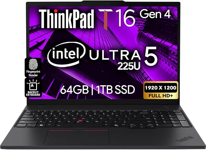 Lenovo ThinkPad T16 Gen 4 Business Laptop 16 FHD+ Display, Intel Ultra 5-225U (Beats i7-1355U), 64GB DDR5 RAM, 1TB SSD, 5MB Webcam, Fingerprint, Backlit KB, WiFi 6E, RJ-45, Win 11 Pro by LENOVO