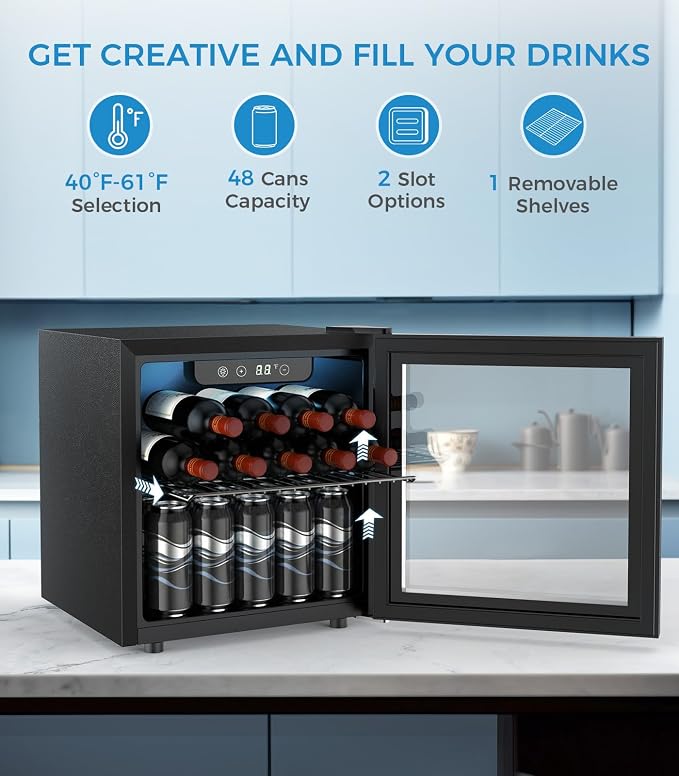 Electactic 48 Can Beverage Refrigerator Mini Fridge Cooler Glass Door for Beer Soda or Wine, Small Drink Cooler Machine LED Temperature Control for Bar Home, Office 1.3CUFT - Image 3