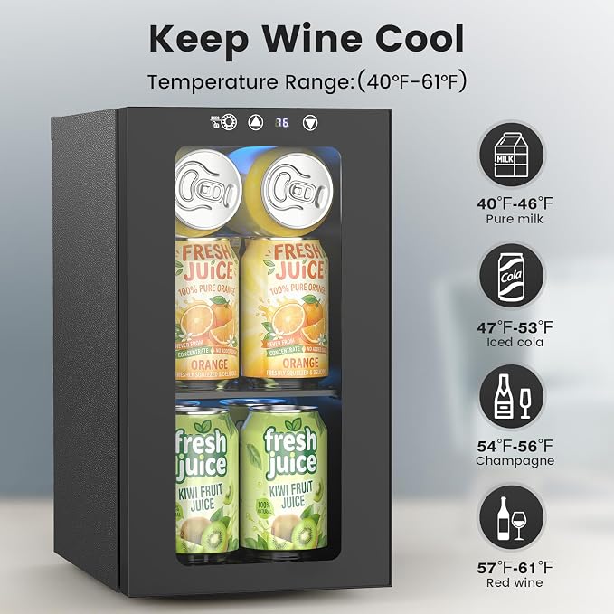 Electactic 10L Mini Beverage Refrigerator, 12-Can Capacity, 40-61°F | Compact 10L beverage fridge holds up to 12 cans, with a 40-61°F range, digital display, LED light, and glass door. - Image 4
