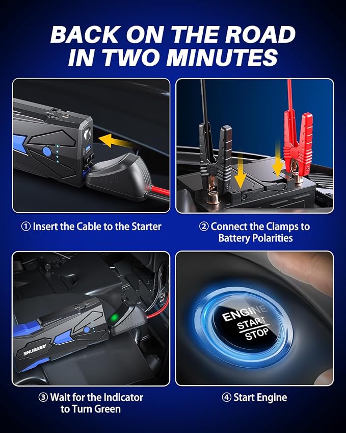 AUTOONE 6000A Car Battery Jump Starter Up to All Gas & 12L Diesel Engine, Car Battery Jumper Starter Portable 12V Jump Box with USB Output, Storage Case, LED Flashlight - Image 3