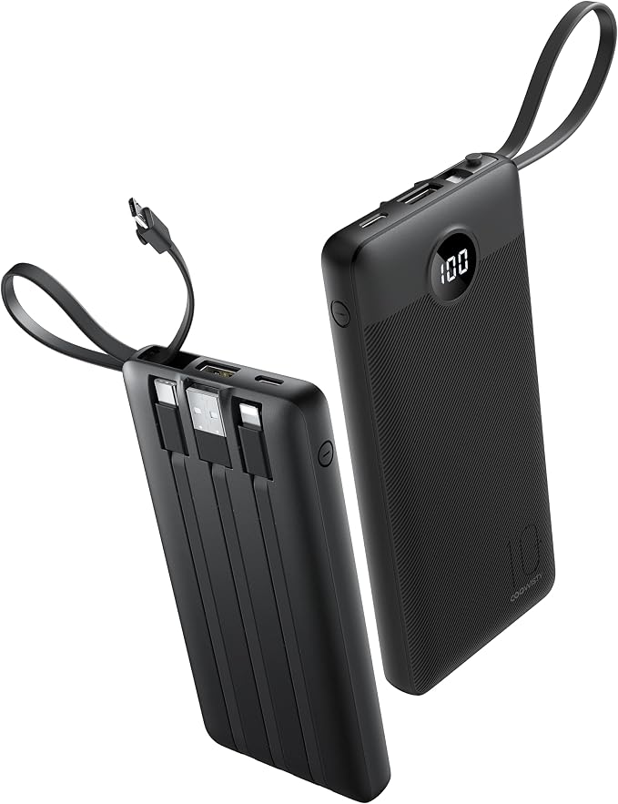 Portable Charger with Built-in Cables, Slim 10000mAh Power Bank with USB C, Travel Essentials External Battery Pack 5 Outputs 2 Inputs LED Display Compatible with iPhone/Android & More(Black) by KeepYourLifeCharged%EF%BC%81