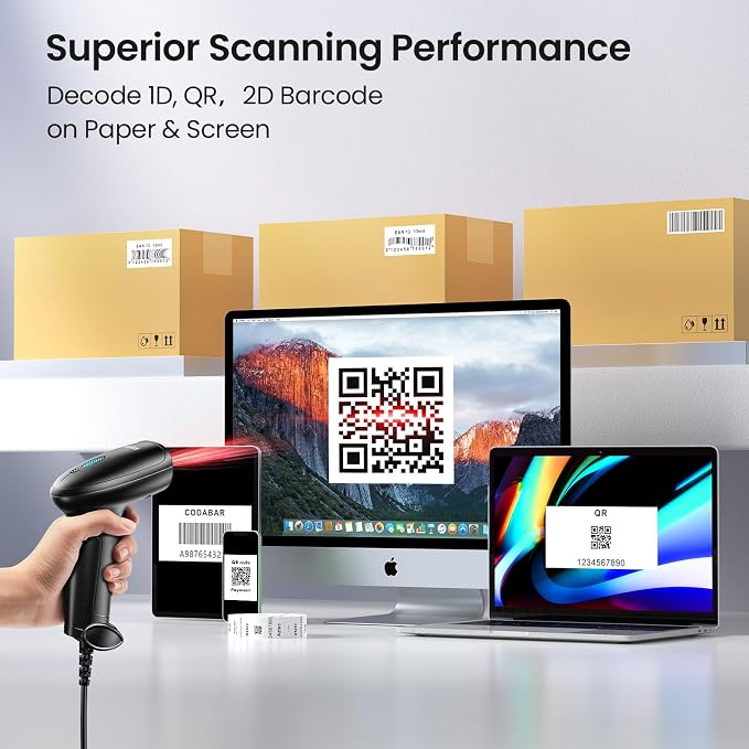 2D 1D Barcode Scanner : USB Wired Inventory QR Scanner - Image 3