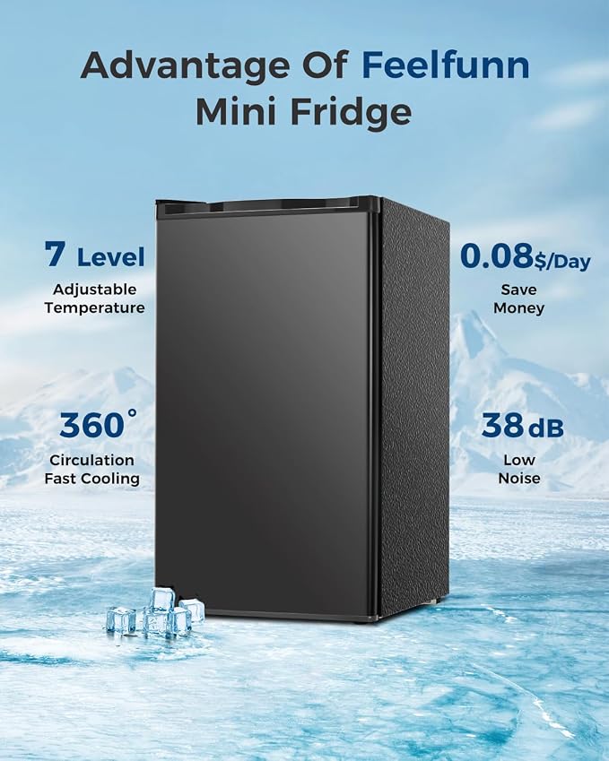 Feelfunn Mini Fridge with Freezer - 3.2 Cu.Ft Single Door Mini Refrigerator with Adjustable Thermostat, Small Fridge for Bedroom, Apartment, Dorm - Black - Image 6