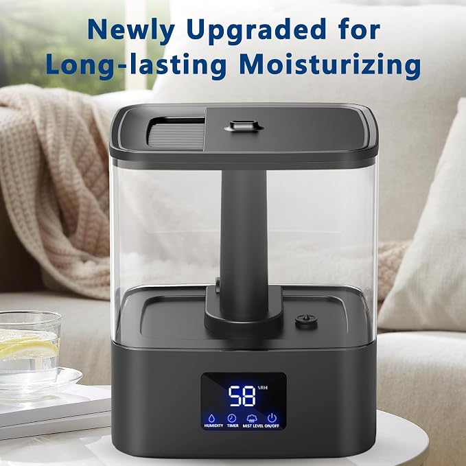 KZF 4L Top Fill Humidifiers for Bedroom & 60H Runtime - Cool Mist Humidifier, 3 Mist Levels, 8H Timer, Essential Oil Tray, Humidity Display, Quiet for Bedroom, Baby, Plants, Large Room (Black, 6L) - Image 5