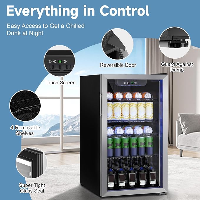 Stopasd Compact Beverage Refrigerator, 3.2 Cu.Ft/126 Can Drink Fridge with Adjustable Shelves & Glass Door for Soda Wine Beer, Quiet Undercounter Small Fridge for Home/Office/Bar/Garage,Sliver - Image 2