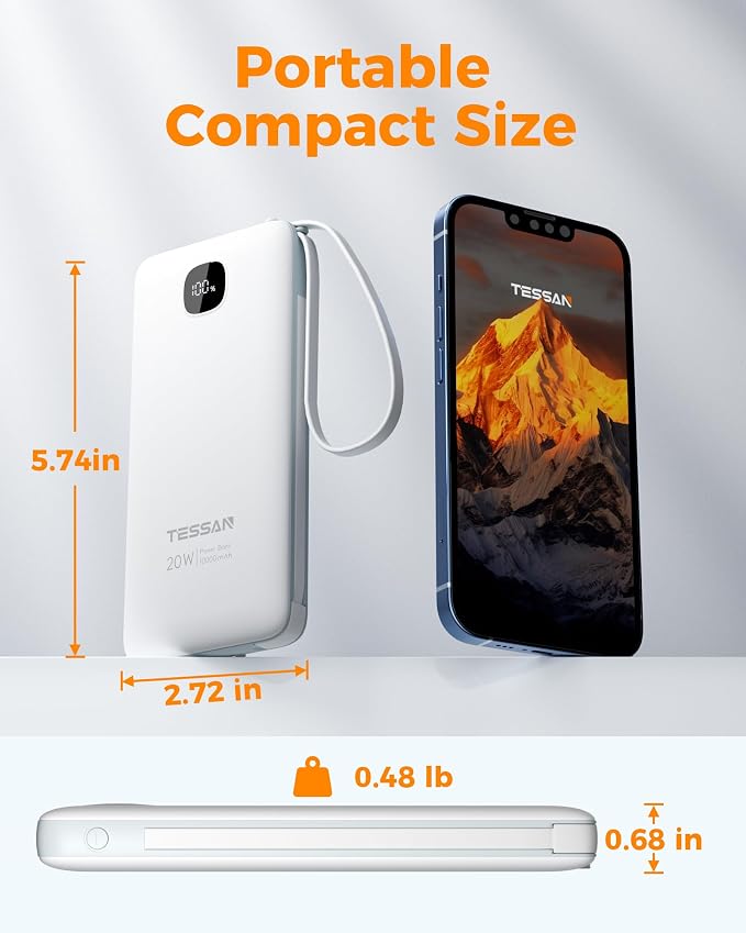 Portable Charger with Built in Cables,TESSAN 10000mAh Power Bank Fast Charging with Foldable Wall Plug Charger, PD20W Compact Battery Pack Travel Essentials for iPhone 17/16/15 Series,Samsung,Tablets - Image 4