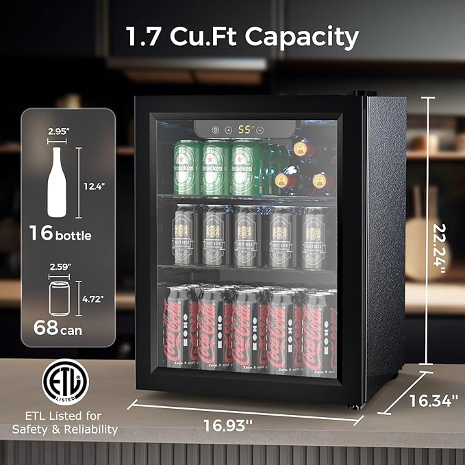COWSAR Mini Fridge Cooler, 16 Bottle 68 Can Beverage Refrigerator with Glass Door for Wine Beer Soda, Wine Fridge with Touch Control Panel, Wire Shelving for Home Office Bar, 1.7 Cu. Ft - Image 5