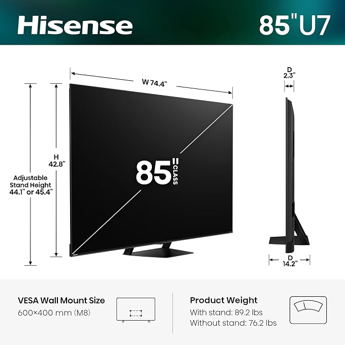 Hisense 85" U7 Mini-LED ULED 4K UHD Best Premium Gaming Smart Google TV (85U7SG, 2026 New) - Hi-QLED, Native 165Hz, VRR 330, HDR10+, Dolby Vision IQ·Atmos, IMAX Enhanced, Anti-Reflection, 2.1.2 Ch - Image 3