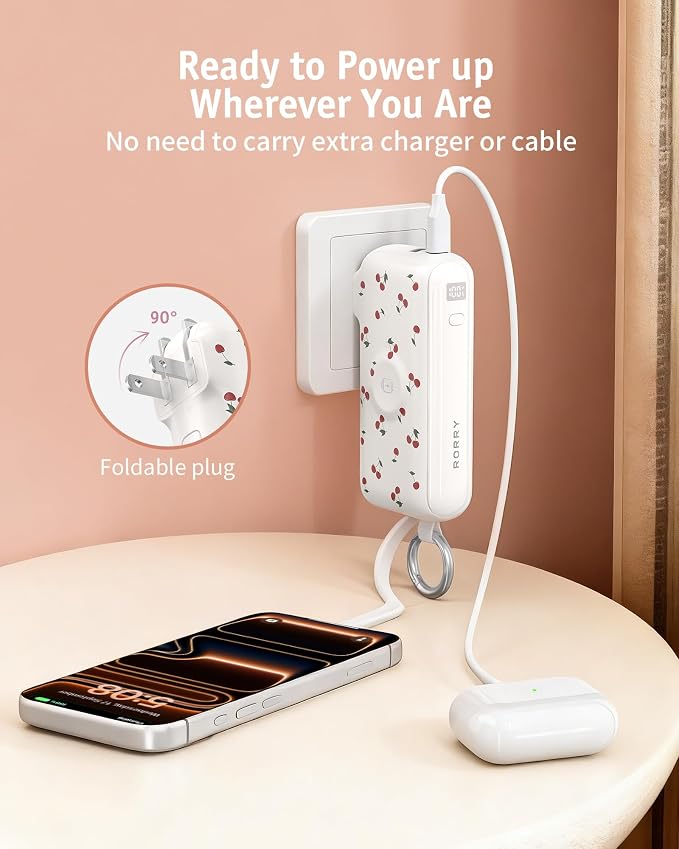 RORRY Flow Portable Charger, 10000mAh 40W Fast Charging Power Bank with Built-in USB C Cable and Foldable Wall Plug, Battery Pack Travel Essentials for iPhone 17/16/15, Apple Watch, iPad, MacBook - Image 6