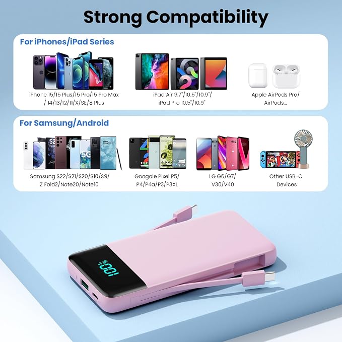 Portable Charger for iPhone with Built in Cables and Wall Plug,Upgraded 13800mAh Fast Charging USB C Power Bank,4 Outputs Travel Essential Battery Pack Compatible with iPhone 17/16/15/14,Samsung-Pink - Image 5