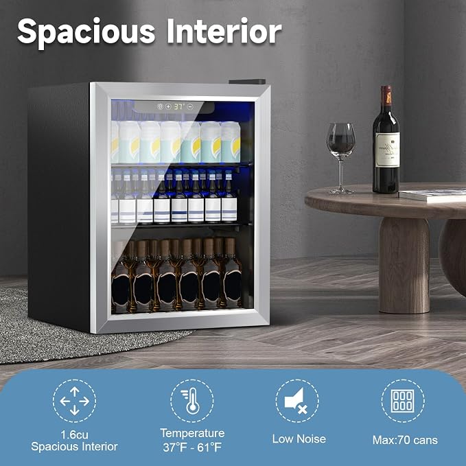 DOGHLY 72 Cans/1.7 Cu.Ft Beverage Refrigerator Glass Door Mini Fridge | Fast Cooling Mini Cooler with Adjustable Shelves for Soda, Beer, Wine, Low Noise Beverage Fridge for Home, Office,and Dorm - Image 5