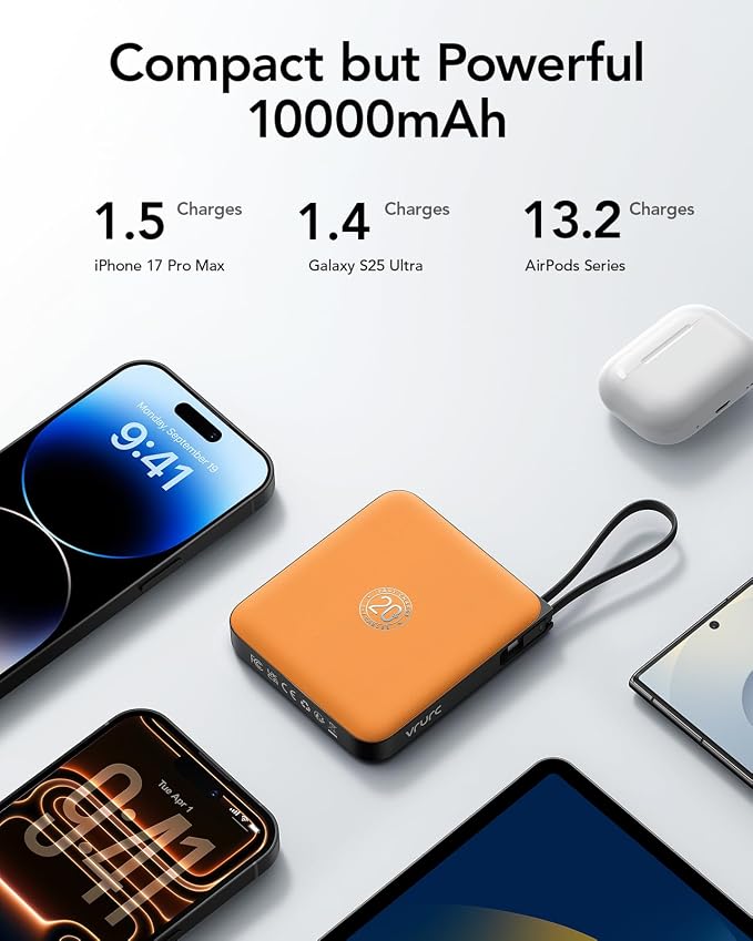 VRURC Portable Charger USB C for iPhone, Cargador Portátil para iPhone 10000mAh, Power Bank with Built-in Cables, 22.5W Fast Charging, LED Display, Slim for iPhone 17 Pro Max & Series (Orange) - Image 6