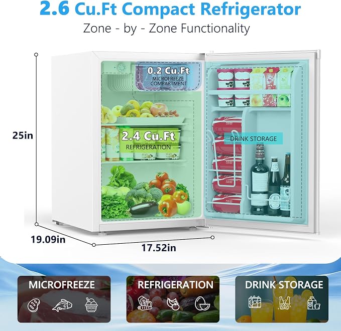COWSAR 2.6 Cu.Ft Mini Fridge with Freezer for Bedroom Office, White | Single Reversible Door, 7 Temperature Settings, Energy Saving, 2 Removable Shelves, Compact Small Fridge for Apartment Dorm - Image 2