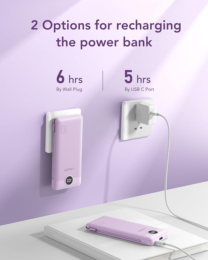 VEGER Portable Charger with Built-in AC Plug and Cables, All in One 10000mAh Ultra Slim Power Bank Travel Essentials, Fast Charging Battery Pack Compatible with iPhone, Samsung, Android (Purple) - Image 5