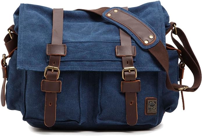 Sechunk Vintage Military Leather Canvas Laptop Bag Messenger Bags Medium - Image 2