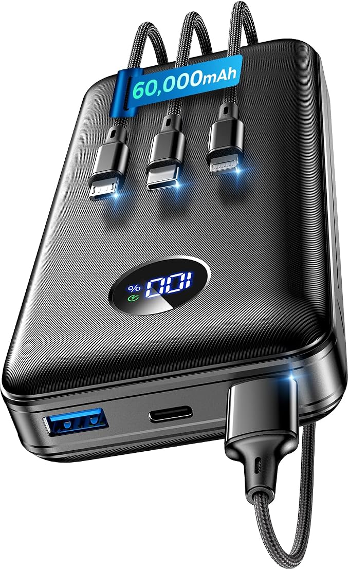 Portable Charger Power Bank - 60,000mAh Battery Pack, 22.5W Fast Charging Phone Charger Attached USB-C/iOS/Micro-USB Cable, Powerbank for iPhone 17 16 15 14 13 Samsung, for Travel Camping Essentials by Unknown