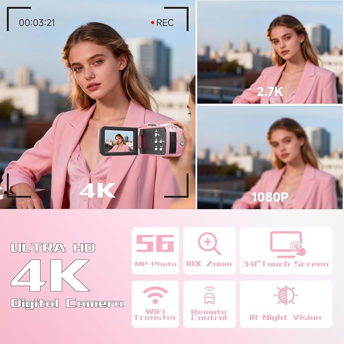 Video Camera, 4K Camcorder 56MP Digital Video Recorder 18X Zoom 3" 270° - Image 2