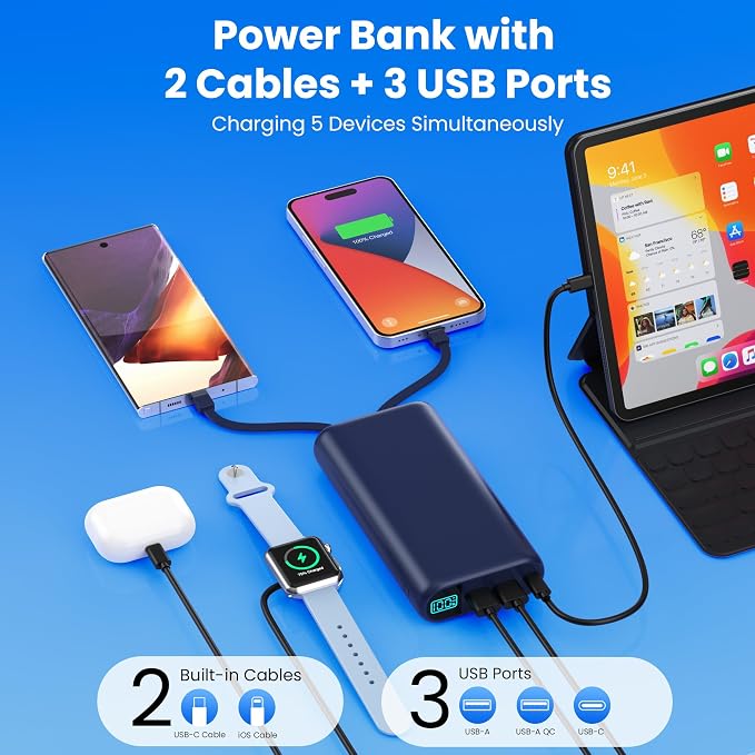 Portable Charger 40,800mAh Power Bank with Built-in Cables,5 USB Output Battery Pack Backup,25W PD Fast Phone Charging Travel Essential Outdoor for iPhone 17/16/15 Pro,Android Galaxy Pixel Nexus-Blue - Image 2