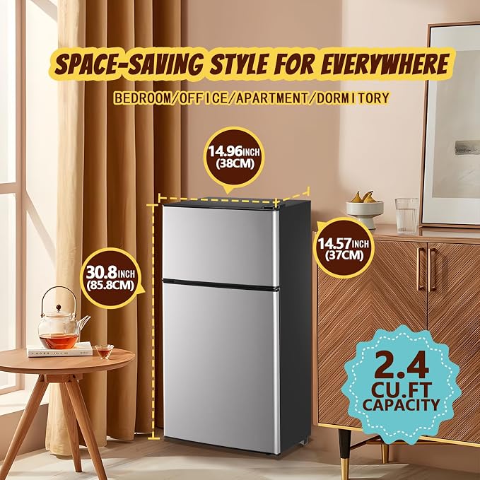 Mini Fridge 2.4 Cu.ft Mini Refrigerator with Freezer Dual Door Dorm Fridge for Personal Senven Temp Gear Suit for Apartment, Bedroom, Rv Silver - Image 7