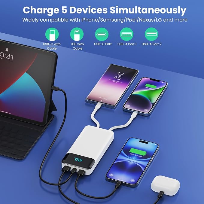 Portable Charger Power Bank 40800mAh with 3 Built-in Cables,25W Fast Phone Charging Portable Battery Pack,5 Outputs Travel Essentials Outdoor External Battery for iPhone 17/16,Galaxy Android etc-White - Image 3