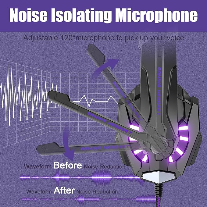 BENGOO G9000 Stereo Gaming Headset for PS5, PS4, PC, Xbox One Controller, Noise Cancelling Over Ear Headphones with Mic, LED Light, Bass Surround, Soft Memory Earmuffs - Purple - Image 4