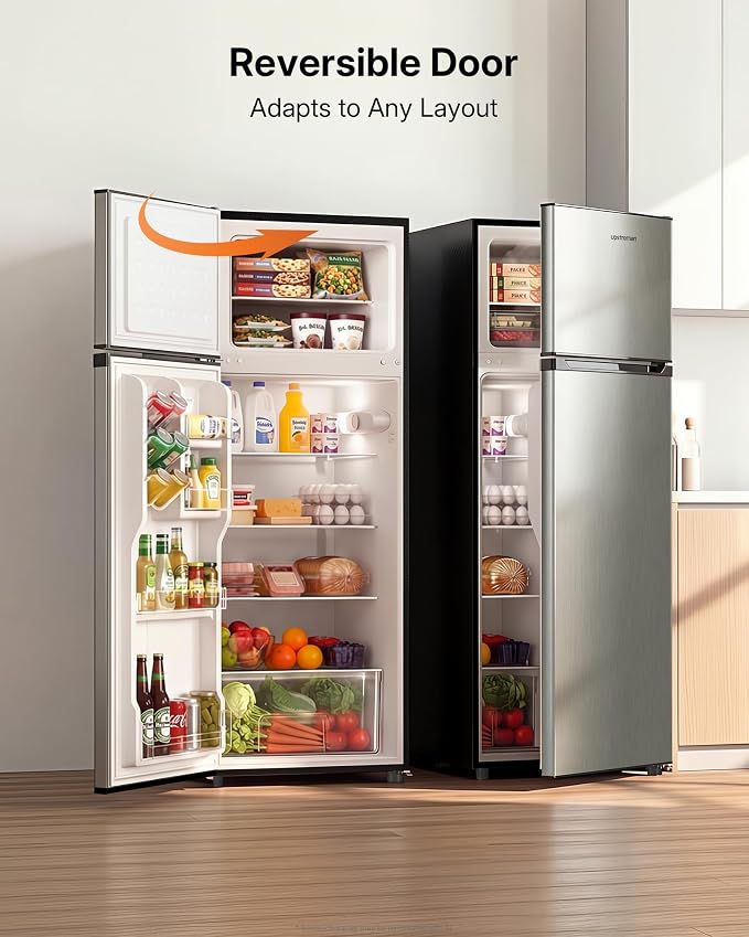 Upstreman 7.7 Cu.Ft. Refrigerator with Freezer Double Door Refrigerator | 7 Adjustable Thermostat, Large Capacity, Reversible Door Swing, Refrigerator for Apartment, Office, Dorm, Stainless (SD75) - Image 8