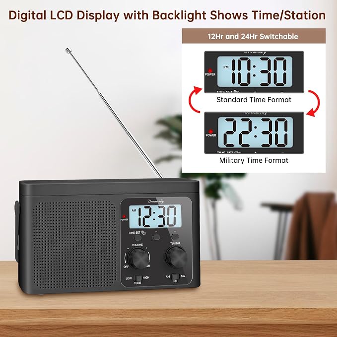 DreamSky AM FM Radio Portable - Shortwave Radio Battery Powered or Plug in Wall for Home Outdoor, Strong Reception, Large Dial Easy to Use, Digital Time Display, Transistor Antenna, Seniors Small Gift - Image 4