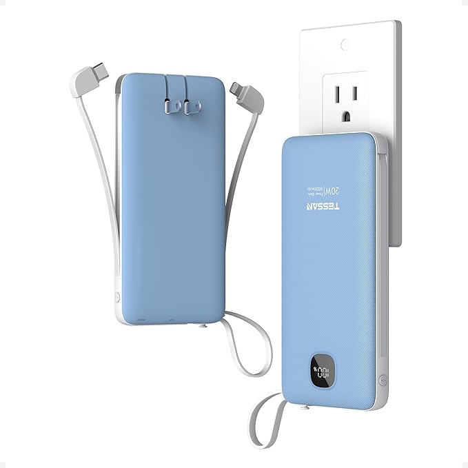 TESSAN Portable Charger with Built in Cables, 10000mAh Power Bank Fast Charging with Foldable AC Plug, PD20W Compact Battery Pack Travel Essentials for iPhone 17/16 Series, Samsung, Tablets, Blue by TESSAN