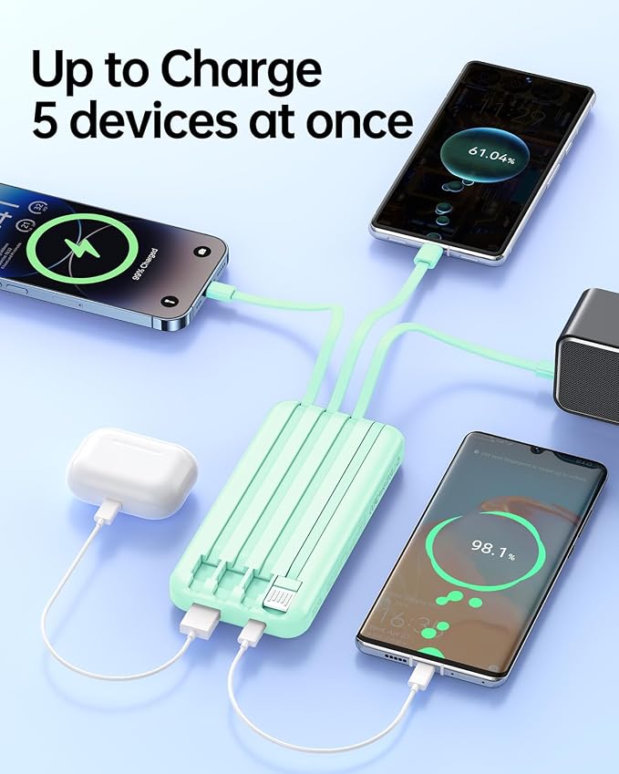 RONEGN Portable Charger with Built in Cable - Power Bank Fast Charging USB C LED Display 10000mah Battery Pack 5 Outputs & 3 Inputs for Travel Essentials iPhone Samsung Android Phones Tablets Cyan - Image 7