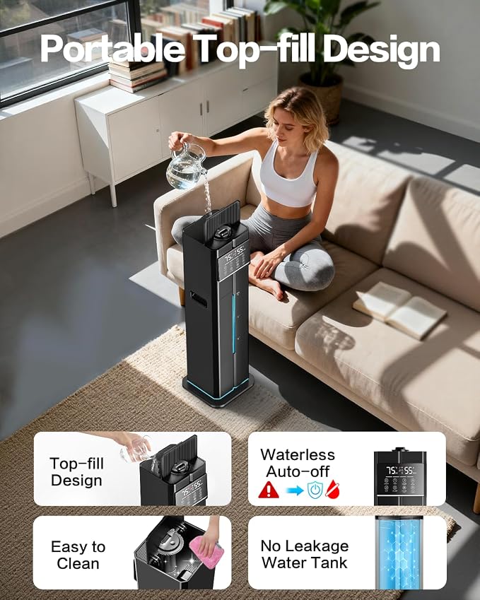 Cool Mist Humidifiers for Large Room, Ultrasonic 2.4Gal 9L Quiet Top-Fill, Easy Clean with Essential Oil Tray, 360°Nozzle, 4 Speed, Remote, 60H Runtime, for Baby, Adults, Plants, Home, House, Bedroom - Image 5