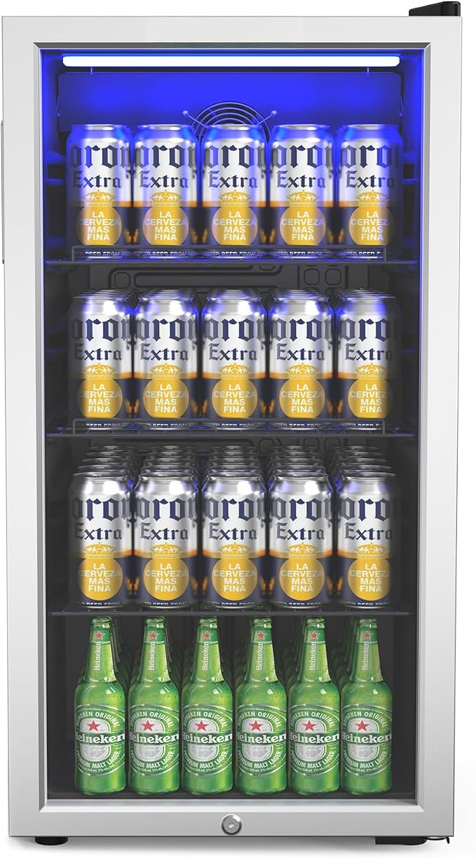 Bonnlo 130 Cans/3.3 Cu.Ft Beverage Refrigerator Cooler with Glass Door & Safety Lock, Quiet Mini Drink Fridge with Adjustable Shelf & Feet, Small Wine Cooler for Bedroom, Bar & Office, 32-50°F, 115V - Image 2